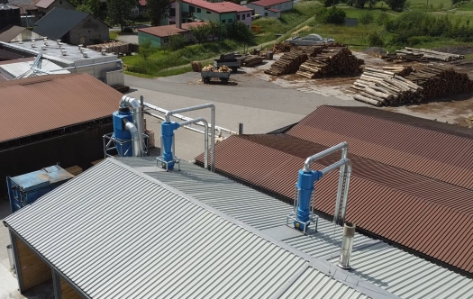 Installed cyclone separators on the roof of the sawmill, extraction of wet sawdust, separation of sawdust